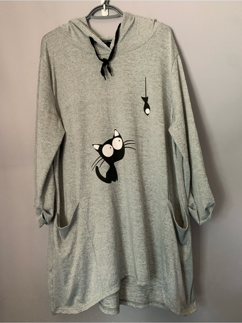 Gray Cat Graphic Hooded Pet-Themed Tunic